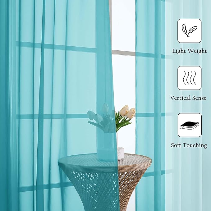 Lecloud Turquoise Sheer Curtains 120 Inches Long 2 Pcs, Light Filtering Rod Pockets Airy Window Curtains for Living Room Decor, Rustic Soft Bedroom Curtain Drapes, Each Panel 59" W x 120" L