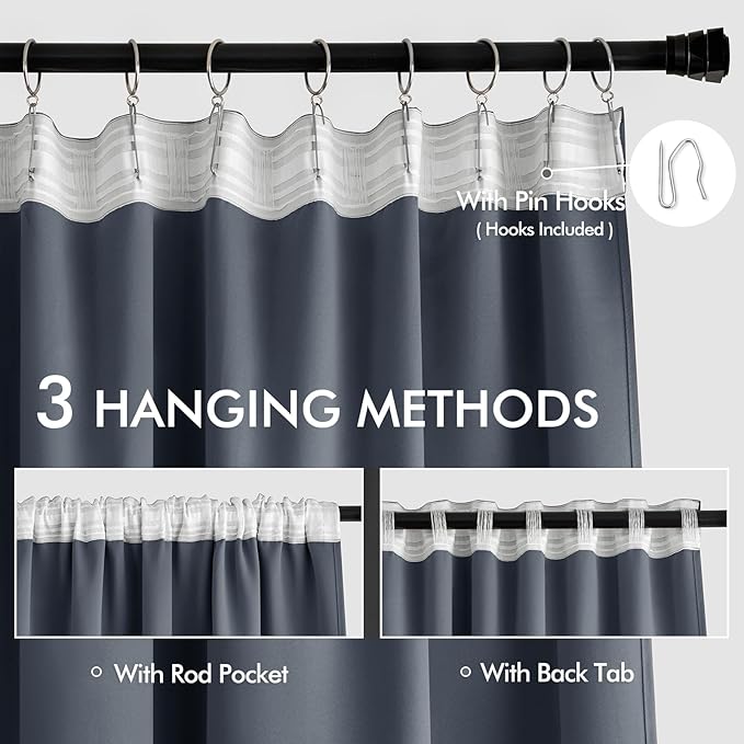 MIULEE Stone Blue Back Tab Blackout Curtains 90 Inches Long 2 Panels Set for Living Room Bedroom Privacy, Rod Pocket/Pinch Pleat Thermal Insulated Room Darkening Pleated Light Blocking Drapes