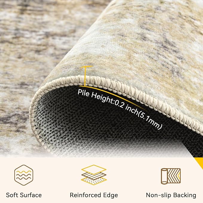 Washable Area Rugs Square 8ft Non-Slip Modern Abstract Soft for Living Room Entryway Bedroom Nursery, Print Pattern, Neutral Brown Gray