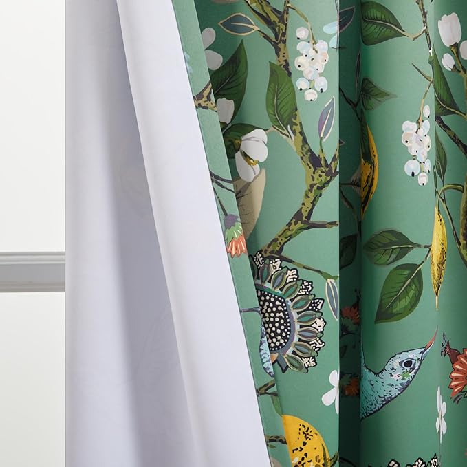 Extra Long 108 Inches Curtains for Large Window Funky Sage Green Tall Light Blocking Fun Floral Hummingbird Leaf Flower Jungle Forest Fancy Grommet Microfiber Lined High Ceiling Curtains 2 Panels 9FT