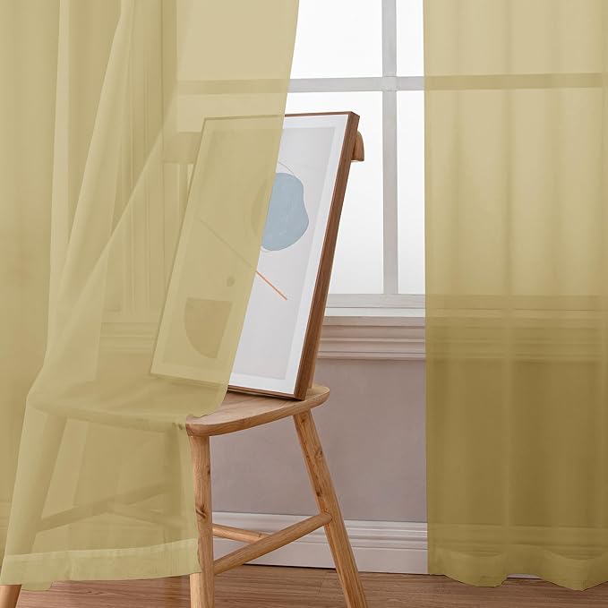 Simplebrand Gold Sheer Curtains 96 Inches Long 2 Panels, Light Filtering Rod Pocket Solid Color Window Sheer Curtain Panels, Elegant Curtains & Drapes for Living Room, Bedroom, 42" W x 96" L
