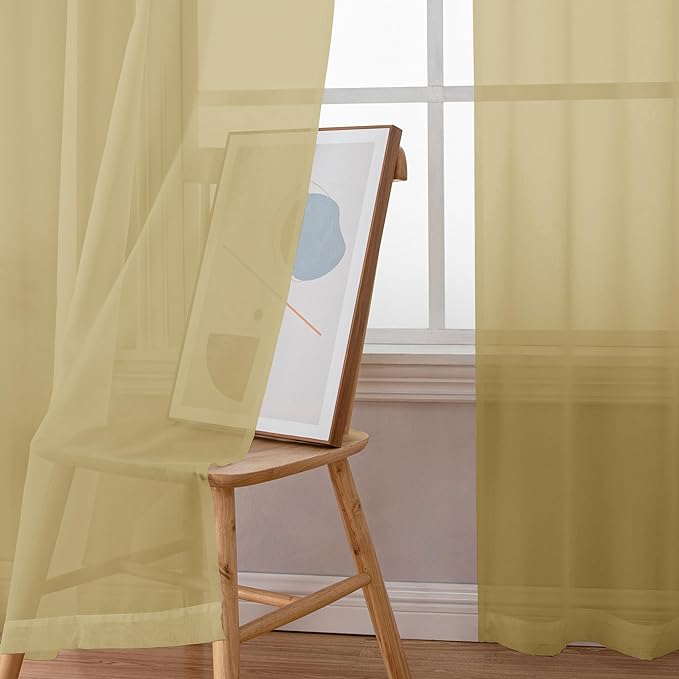 Simplebrand Gold Short Sheer Kitchen Cafe Curtains 36 x 36 Inch, 2 Panels