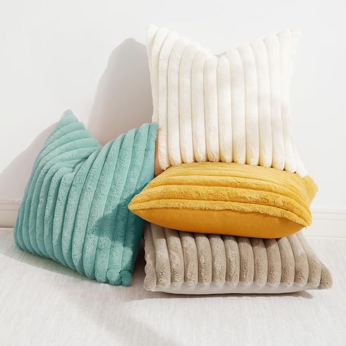 decorUhome Summer Cozy Faux Fur Throw Pillow Covers 12x20 Set of 2 Decorative Soft Plush Striped Lumbar Modern Farmhouse Boho Couch Pillow Cases with Velvet Back for Sofa Bed Living Room, Aqua