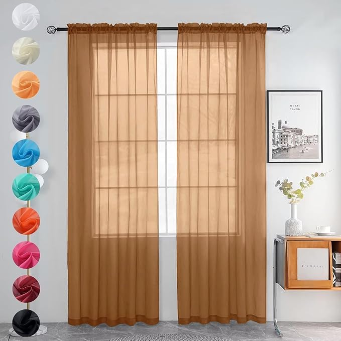 youleyar Solid Sheer Rod Pocket Curtain Voile Draperies 2 Panels White Beige Black Grey Ivory 52 Inch Width 72 Inch Long 1 Pair for Kitchen Bedroom Children Living Room Yard (Light Brown,52Wｘ72L)