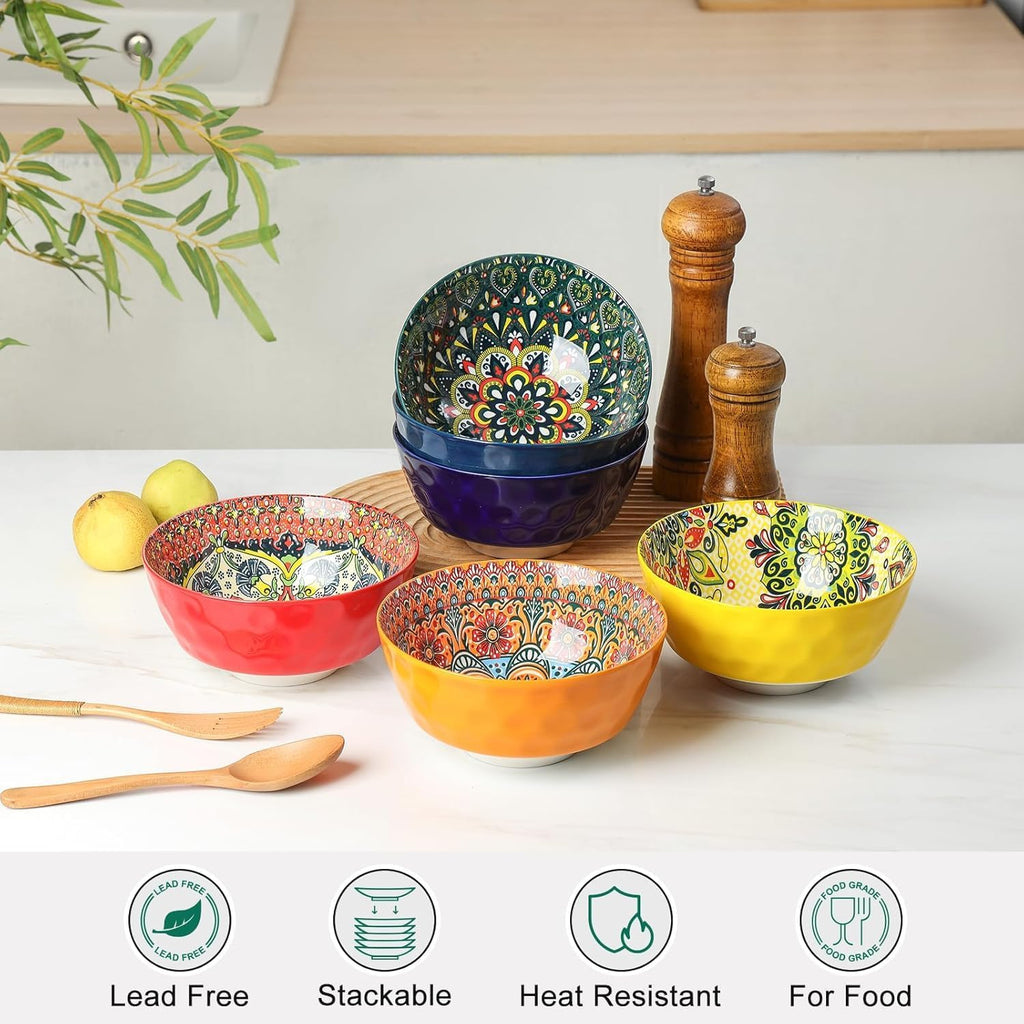 KitchenTour Cereal Bowls Set of 6, 26 oz Ceramic Soup Bowls for Kitchen, 6.3 Inch Colorful Serving Bowls for Oatmeal, Salad, Pasta, Dessert - Microwave & Dishwasher Safe