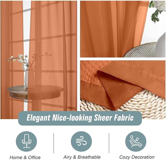 Orange Sheer Curtains for Window 96 Inches Long 2 Panels Set, Soft Airy Light Filtering Voile Sheer Curtains for Living Room Bedroom, Dual Rod Pocket Elegant Window Drapes, 2x42Wx96L Inches