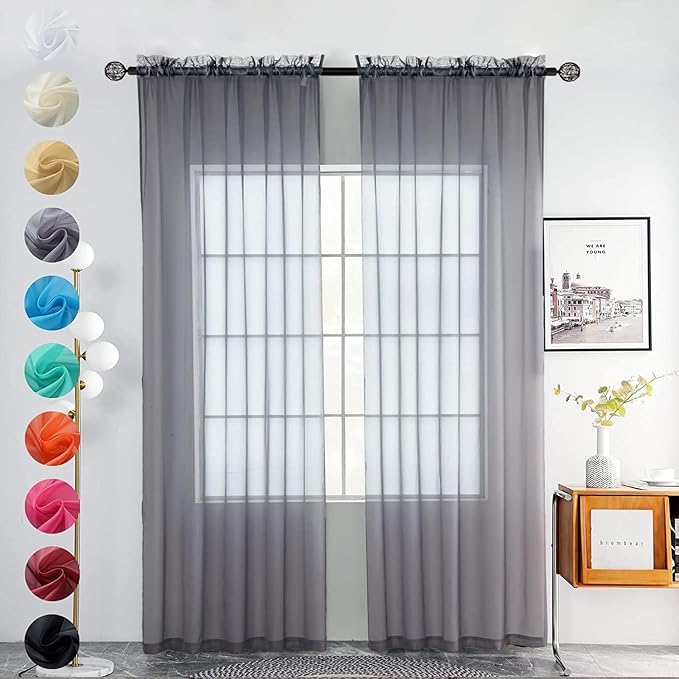 youleyar Solid Sheer Rod Pocket Curtain Voile Draperies 2 Panels White Beige Black Grey Coffee 52 Inch Width 84 Inch Long 1 Pair for Kitchen Bedroom Children Living Room Yard(Grey,52Wｘ84L)