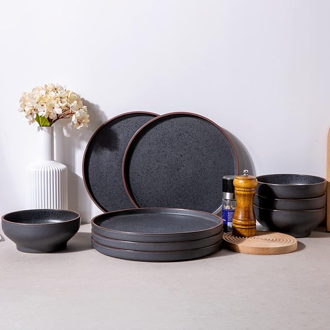 LERATIO Dinner Plates,Ceramic Dinner Plates Set of 6,10.75 inch Large ceramic plates,Modern Shape Dinnerware Dishes Set for Kitchen, Microwave & Dishwasher & Oven Safe-Coffee Rim