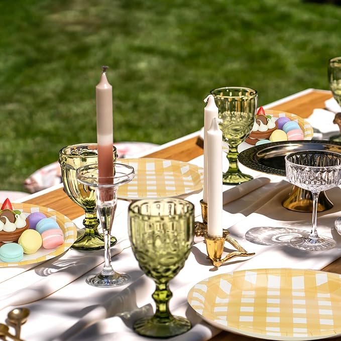 32 Pcs Yellow Gingham Party Plates - 9 Inch Checkered Plaid Dessert Plates Disposable Yellow and White Paper Plate - For Picnic BBQ Birthday Dinner Party Supplies