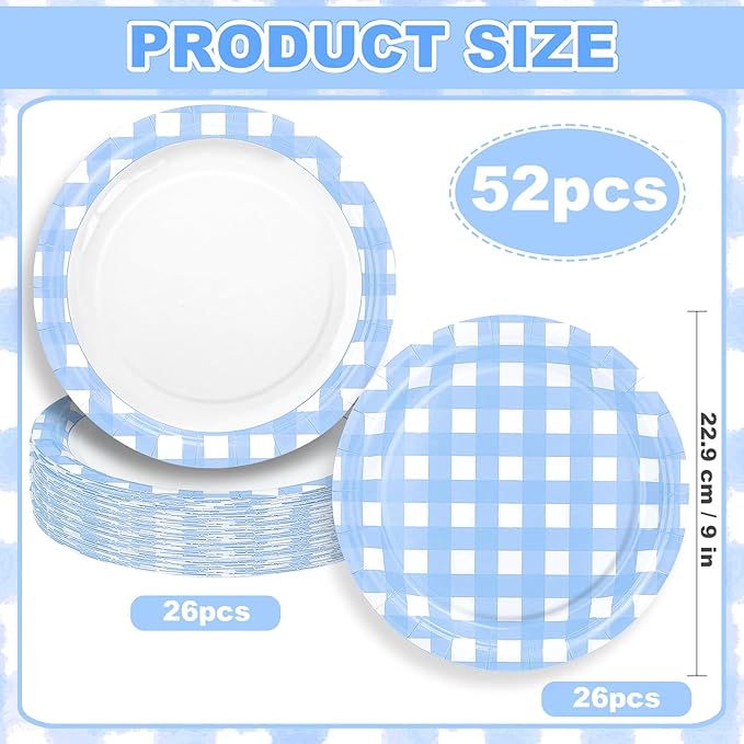 52 Pcs Blue Gingham Party Plates - 9 Inch Checkered Plaid Dessert Plates Disposable Blue and White Paper Plate - For Picnic BBQ Birthday Dinner Party Supplies
