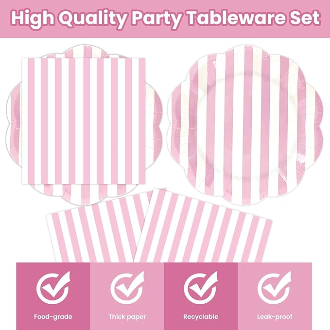 50PCS Pink Striped Paper Plates and Napkins Party Supplies, Pinkand White Scalloped Party Plates and Napkins Tableware Set for Birthday Bridal & Baby Shower Wedding Party Decoration (Pink)