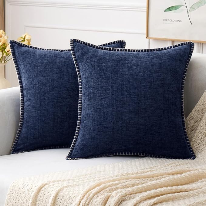 MIULEE Pack of 2 Couch Throw Pillow Covers 20x20 Inch Navy Blue Farmhouse Decorative Pillow Covers with Stitched Edge Soft Chenille Solid Dyed Spring Pillow Covers for Sofa Bed Living Room