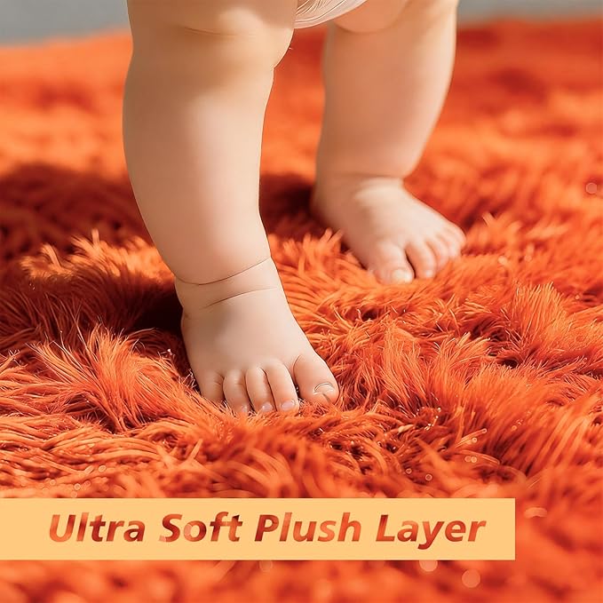 Orange Fluffy Round Rug,Soft Area Rugs for Girls Room,Shaggy Rugs 4'X4' for Living Room,Non Slip Circle Rug for Kids Bedroom,Shag Plush Nursery Carpets,Fuzzy Plush Rug for Dorm,Cute Room Decor Carpet