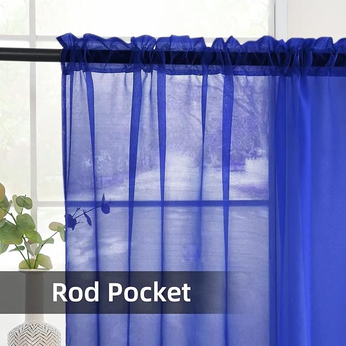 Youleyar Solid Sheer Rod Pocket Curtain Voile Draperies 2 Panels White Beige Black Ivory Coffee 26 Inch Width 24 Inch Long 1 Pair for Kitchen Bedroom Children Living Room Yard(Blue Sapphire,26W x 24L)