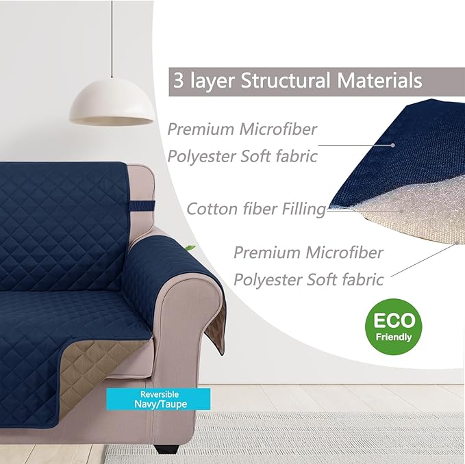 U-NICE HOME Large Sofa Cover Reversible Couch Cover for Dogs with Elastic Straps Water Resistant Furniture Protector for Pets Couch Cover for 4 Cushion Couch (Oversized Sofa, Navy/Taupe)
