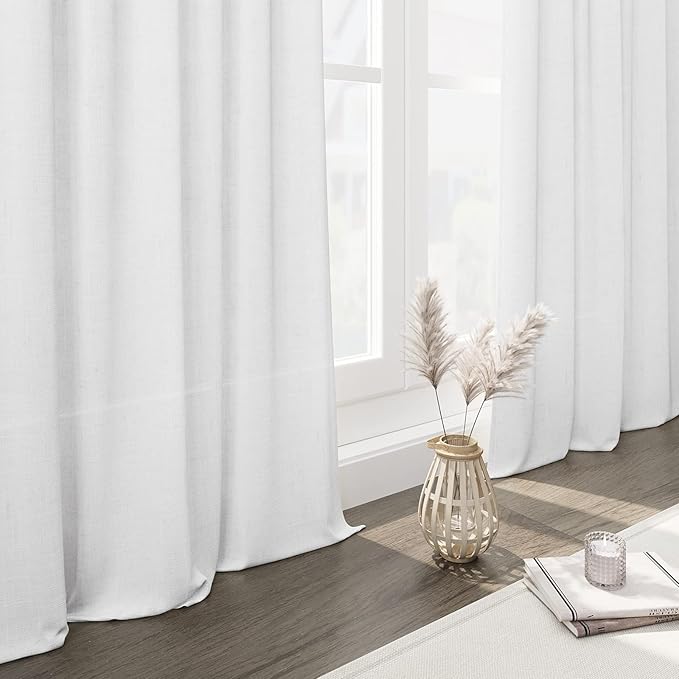 Nanspring White Short Linen Curtains 60 inches Long 2 Panels Set Back Tab Rod Pocket Elegant Farmhouse Style Light Airy Semi Sheer Linen Curtains for Kitchen Bathroom Cafe Loft Room Decorative 52x60