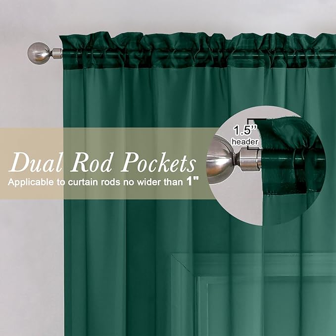 Lecloud Hunter Green Sheer Curtains 72 Inches Long 2 Panels, Rod Pocket Voile Light Filtering Curtains for Living Room, Airy Decor Drapes for French Door Bedroom, Each Panel 42 X 72 Inch