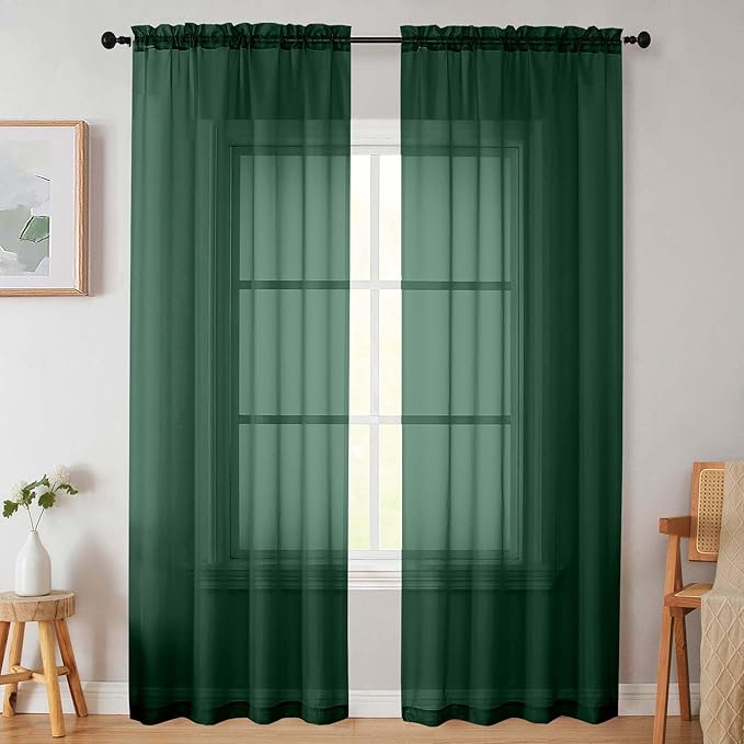Sheer Hunter Green Curtains for Bedroom Living Room 90 Inches Long 2 Panels Set, Soft Airy Light Filtering Sheer Window Treatments, Modern Rod Pocket Curtains Drapes, Each 42" Wx90 L Inch