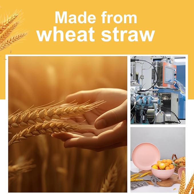 Rubtlamp 16Pcs Plastic Wheat Straw Dinnerware Set, Reusable Plastic Plate Set for 4, Kitchen Plates And Bowls Set (Pink) Include Dinner Platos, Dessert Platos, Cereal Bowls, Cups for Daily, Camping