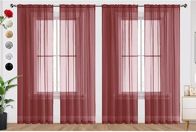 SpaceDresser Burgundy Sheer Curtains 4 Panels Rod Pocket Semi-Sheer Curtain 63 Inches Long Light Filtering Voile Window Drapes for Bedroom Living Room Kitchen, Each 52W x 63L