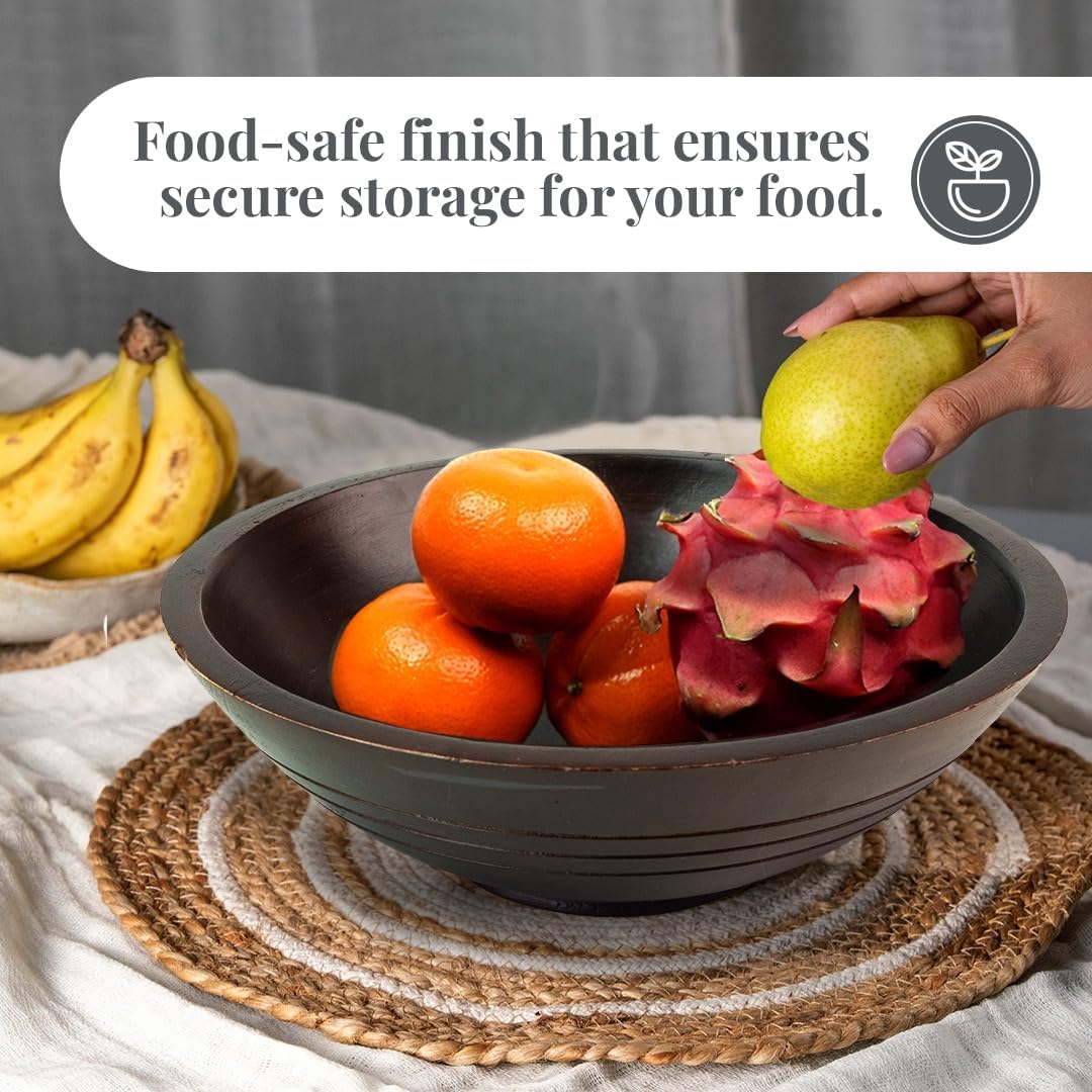 Folkulture Wooden Fruit Bowl for Kitchen Counter | 11" Large Premium Eco Friendly Banana Fruit Basket for Kitchen | Mango Wood Bowl, Black Fruit Bowl for Table Decor, Centerpiece for Dining