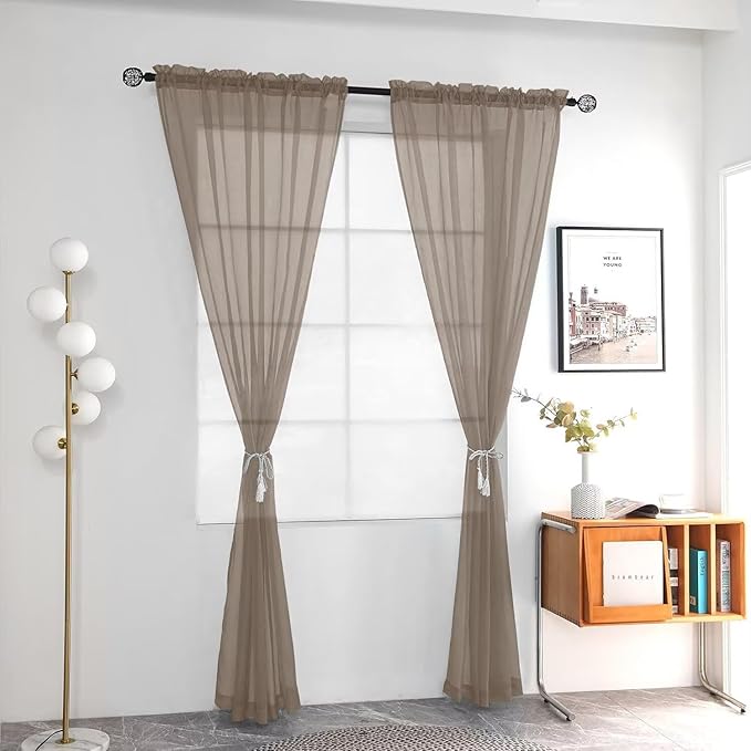 youleyar Solid Sheer Rod Pocket Curtain Voile Draperies 2 Panels White Beige Black Grey Ivory 52 Inch Width 108 Inch Long 1 Pair for Kitchen Bedroom Children Living Room Yard (Taupe,52Wｘ108L)