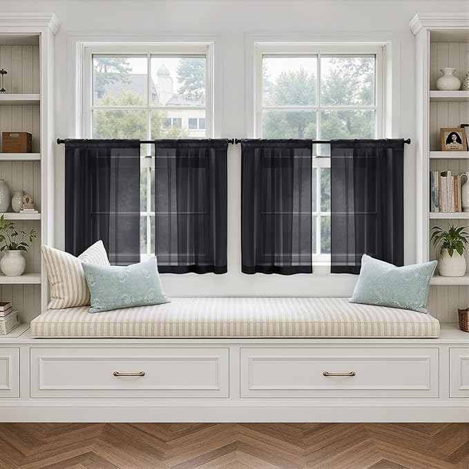 MIULEE Black Curtains 24 Inch Length for Small Window,4 Panels Set, Short Sheer Curtains Rod Pocket Light Filtering Tier for Kitchen/Bathroom/Basement, 42W x 24 Inches