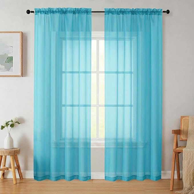 Sheer Curtains 84 Inches Long 2 Panels Set for Bedroom Living Room, Soft Airy Light Filtering Modern Solid Rod Pocket Drapes Window Treatments, Aqua, Each 42" W x 84" L