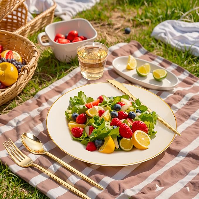 bUCLA 150PCS Ivory Plastic Plates with Gold Trim - Heavy Duty Cream Plastic Disposable for Party & Wedding - Include 25 Each（Dinner & Dessert） Plates, 25 Knives, 25 Forks, 25 Spoons & 25 Cups