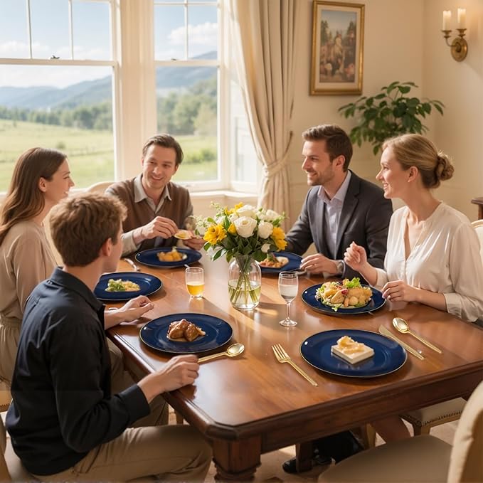 bUCLA 150PCS Blue and Gold Plastic Plates - 25 Guests Navy Blue Plastic Dinnerware Disposable for Party and Hanukkah - Include 25 Dinner/Dessert Plates, 25 Knives, 25 Forks, 25 Spoons, 25 Cups