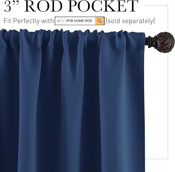 RYB HOME Blackout Privacy Bathroom Window Curtains, Short Thermal Insulated Heat Blocking Privacy Rod Pocket Half Window Curtain Tiers for Nursery Bedroom, Width 42 by Length 30, Navy Blue, 2 Panels