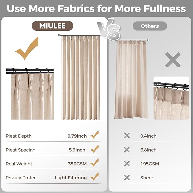 MIULEE Pinch Pleated Thick Linen Curtains 90 Inches Long 2 Panels for Living Room Bedroom, Linen Textured Memory Trained Pleat Drapes Back Tab Light Filtering Sand Beige Window Curtains with Hooks