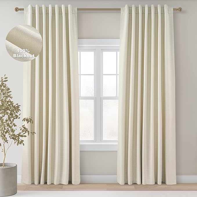 Topfinel Cream Black Out Curtains 96 Inch Long, 100% Blackout Thermal Insulated Natural Linen Pinch Pleat Viral Drapes with Hooks 2 Panel Sets, Burlap 8FT Back Tab Curtains for Living Room Bedroom