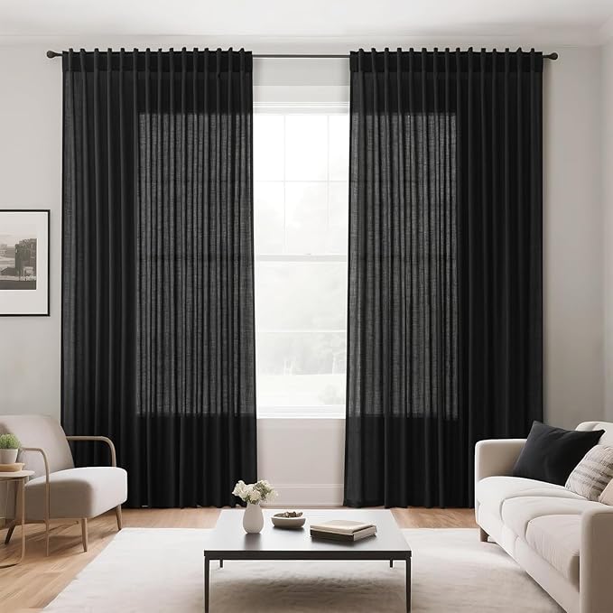 Extra Long Black Curtain 108 inches Long 2 Panels Set for Living Room Back Tab Modern Farmhouse Muslin Look Decor Cotton Textured Sheer Linen Curtains 108 inch Length for Large Window 9 FT Tall