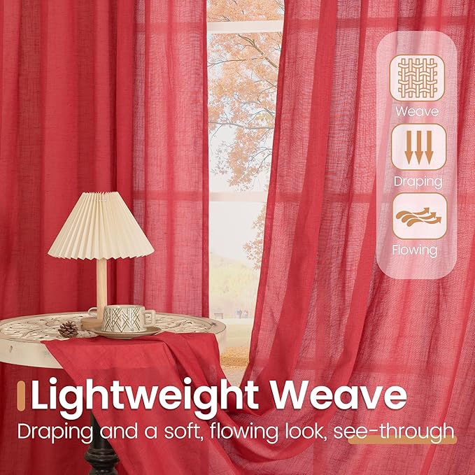 BGment Short Red Linen Curtains 48 Inch Length for Windows, Light Filtering Drapes Semi Sheer with Rod Pocket for Small Bedroom Living Room Lightweight, 2 Panels Set, Each 42 Inch Wide