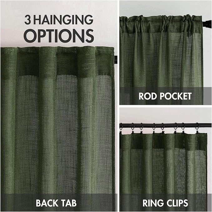 MIULEE Olive Green Linen Curtains 63 Inch Length 2 Panels for Bedroom Living Room, Soft Thick Linen Textured Natural Window Drapes Semi Sheer Light Filtering Back Tab Rod Pocket Burlap Look Decor