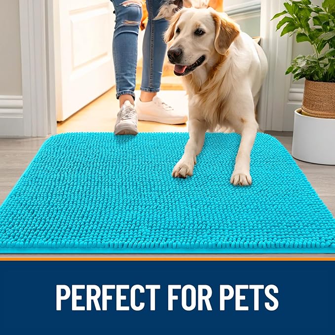 OLANLY Dog Door Mat for Muddy Paws 54x24, Absorbs Moisture and Dirt, Absorbent Non-Slip Washable Doormat, Quick Dry Chenille Mud Mat for Dogs, Entry Indoor Entryway Carpet for Inside Floor, Aqua Blue