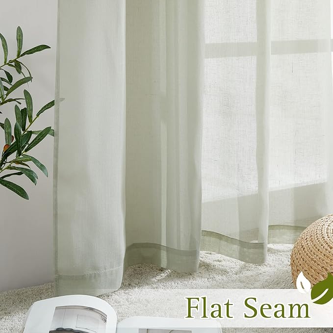 NICETOWN Flax Linen Sheer Curtains for Bedroom, Retro Grommet Top Linen Blend Semitransparent Privacy Window Treatment Light Filtering for Living Room, Sage Green, 52" W x 72" L, Set of 2