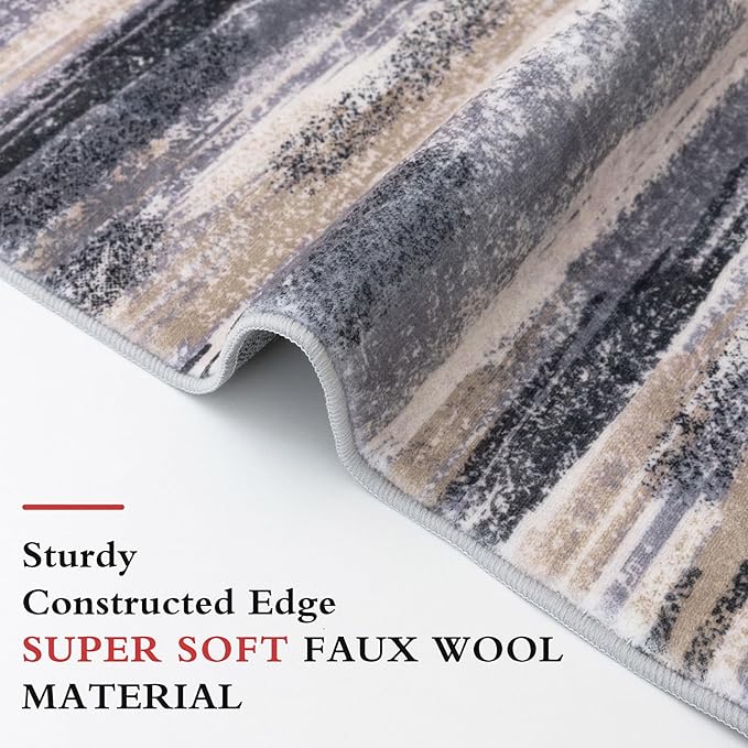 Lansny Modern Abstract 8x10 Large Machine Washable Living Room Rug Non-Slip Soft Bedroom Area Rug Grey Black Multi Ultra Thin Print Faux Wool Carpet Throw Rugs for Nursery Playroom Dining Room Indoor