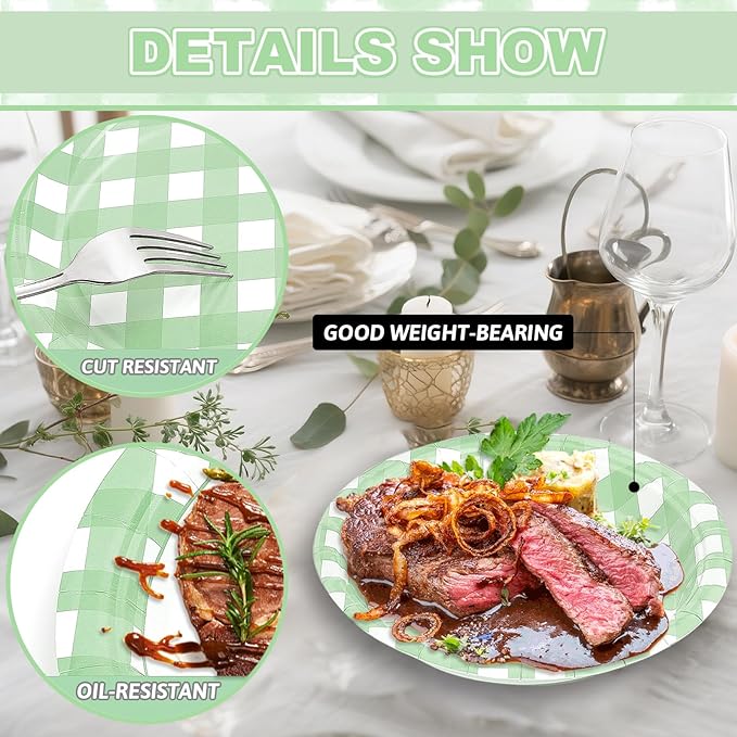 32 Pcs Green Gingham Party Plates - 7 Inch Checkered Plaid Dessert Plates Disposable Green and White Paper Plate - For Picnic BBQ Birthday Dinner Party Supplies