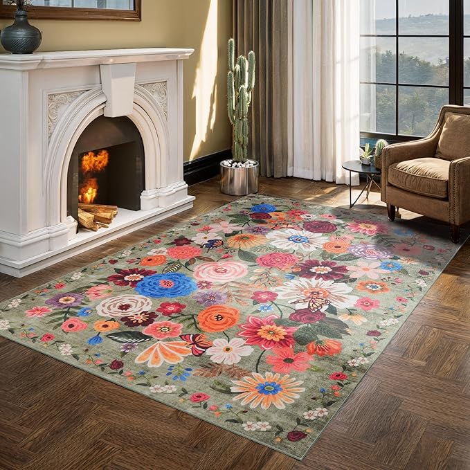 Floral Washable 6x9 Area Rugs Green, Soft Bedroom Rug for Living Room Ultra-Thin Non Slip Dining Room Rug, Stain Resistant Rugs Easy Clean Throw Carpet for Office(6 x 9, Green Garden)