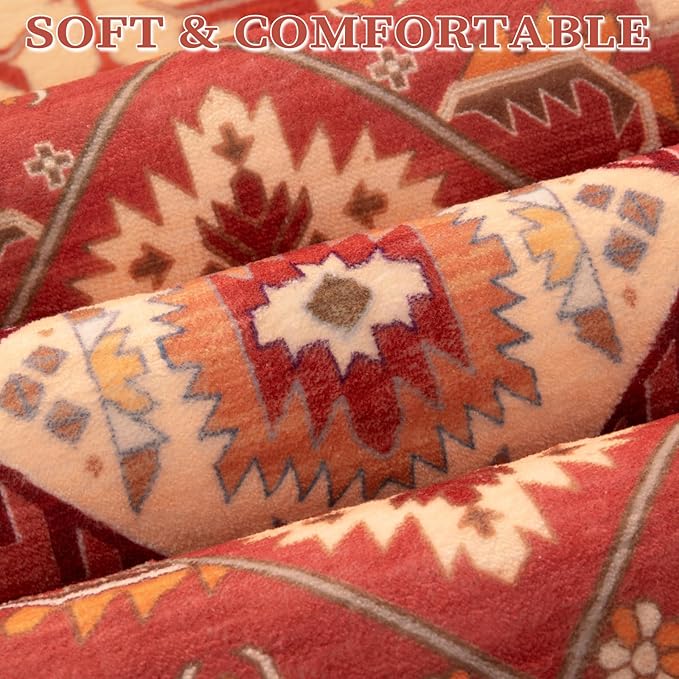SERISSA Area Rug 3x5 Boho Rugs for Bedroom, Washable Non-Slip Living Room Rug, Ultra Soft Print Distressed Vintage Red Rug Low-Pile Throw Carpet for Entry Kitchen Bedroom Nursery Dorm Decor