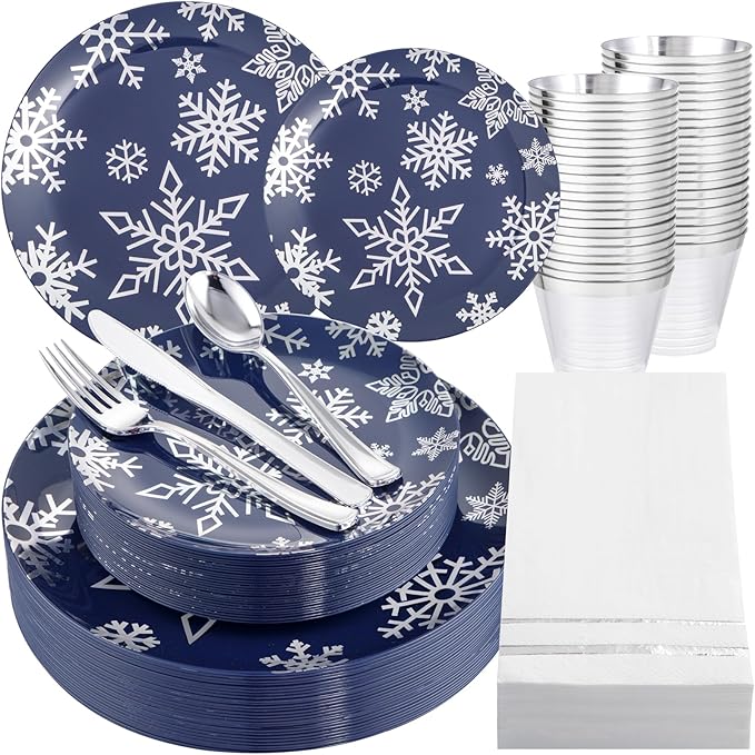 bUCLA 175pcs Christmas Plastic Plates - Christmas Blue and Silver Plastic Snowflake Plates with Silverware, Cups and Paper Napkins - Disposable for Xmas