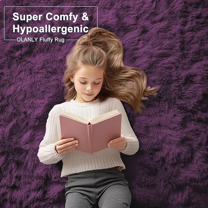 OLANLY 6x9 Machine Washable Large Area Rugs for Living Room, Bedroom, Soft Fluffy Shaggy Bedside Rug, Indoor Floor Carpet for Kids Girls and Boys, Dorms, Nursery, Home Decor Aesthetic, Dark Purple
