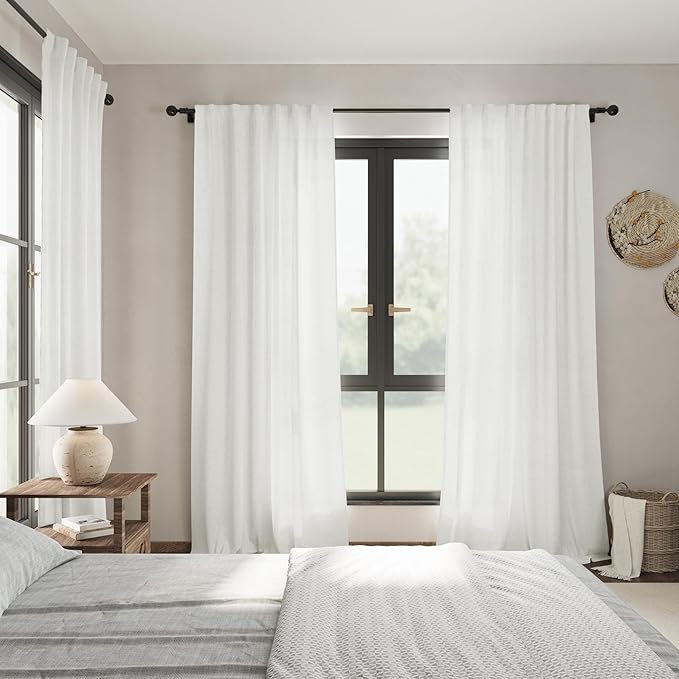 Off White Curtains 100 Inches Long 2 Panels Back Tab Sheer Linen Curtain Modern Farmhouse Coastal Decor White Cotton Textured Gauze Curtains 100 inch Length for Patio Sliding Door Office Bedroom