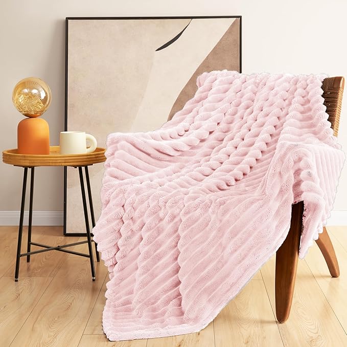 HIMEET Pink Ribbed Queen Size Blanket for Bed - 300GSM Lightweight Fleece Blanket for Men Women, Large Cozy Sofa Couch Cover Bed Blankets Gifts, Striped Spring Home Room Decor, Pink, 90x90 Inches