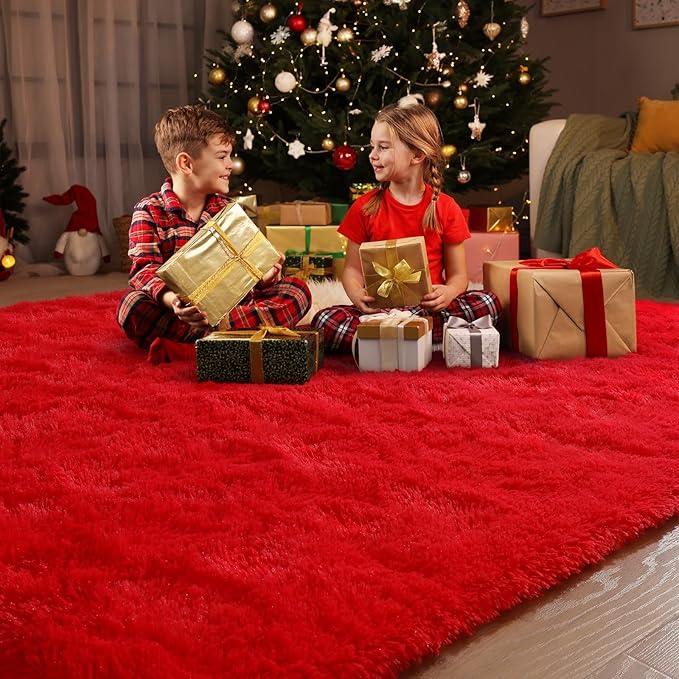 Amearea Shag Fluffy Area Rug for Bedroom Girls Living Room, Extra Soft and Fuzzy Shaggy Rugs, Non Slip, Solid Color Carpet Mat for Boys Nursery Home, Red 5x8 Feet