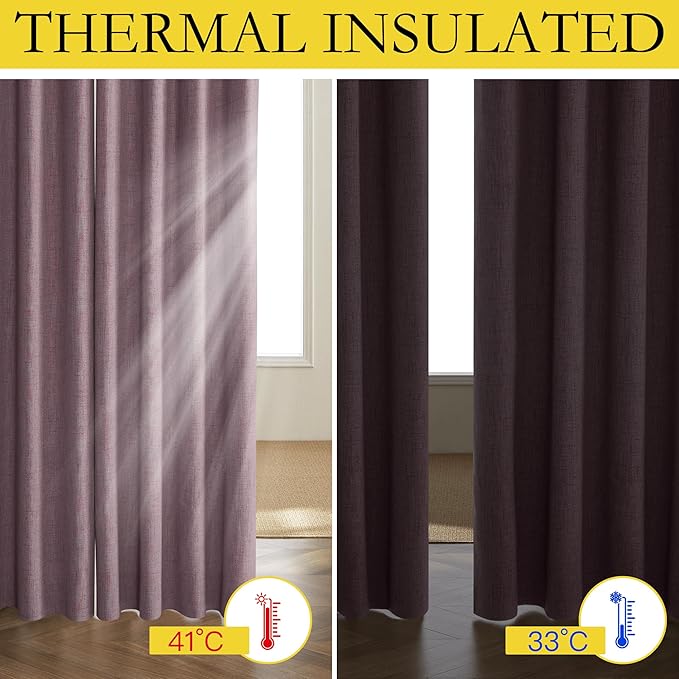 NICETOWN Chaise Mauve Vintage Linen 100% Blackout Curtains for Living Room, Thermal Insulated Curtains 108“ Long, Noise Reducing Window Treatment Drapes for Home Office, 62" Wide Per Panel, Set of 2
