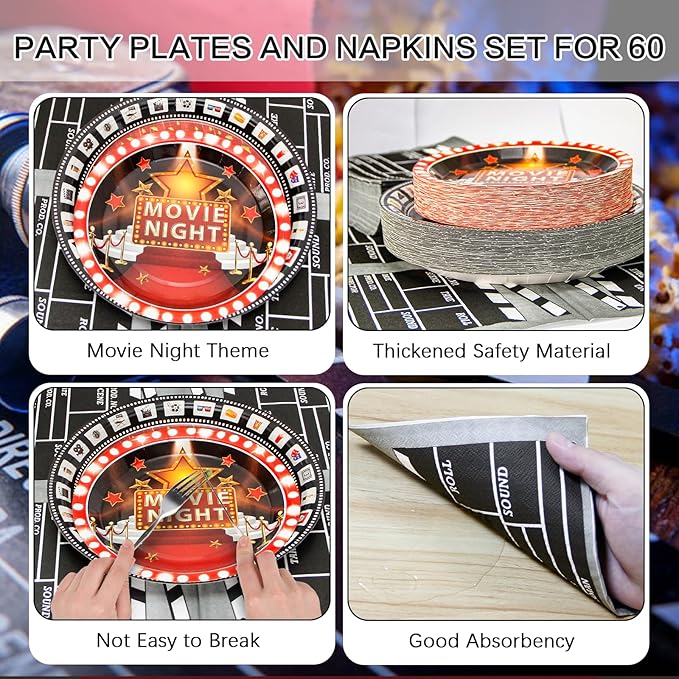 180Pcs Movie Night Party Supplies Paper Plates and Napkins Serve 60 Disposable Tableware Set for Birthday Party Decorations Game Day Family School Holiday Sports Events