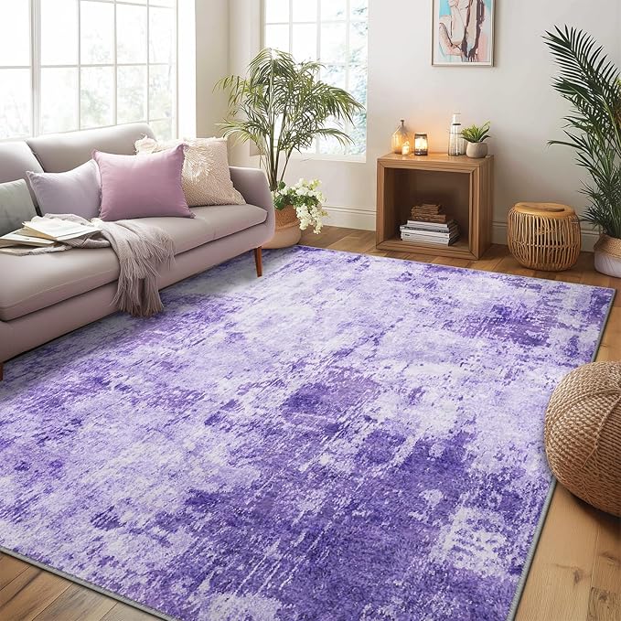 Washable Area Rugs 6'x8' Non-Slip Modern Abstract Soft for Living Room Entryway Bedroom Nursery, Print Pattern, Purple Gray Pink White